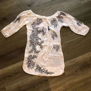 Poupette St Barth Blue White Embroidered Off Shoulder Mini Dress Size Small